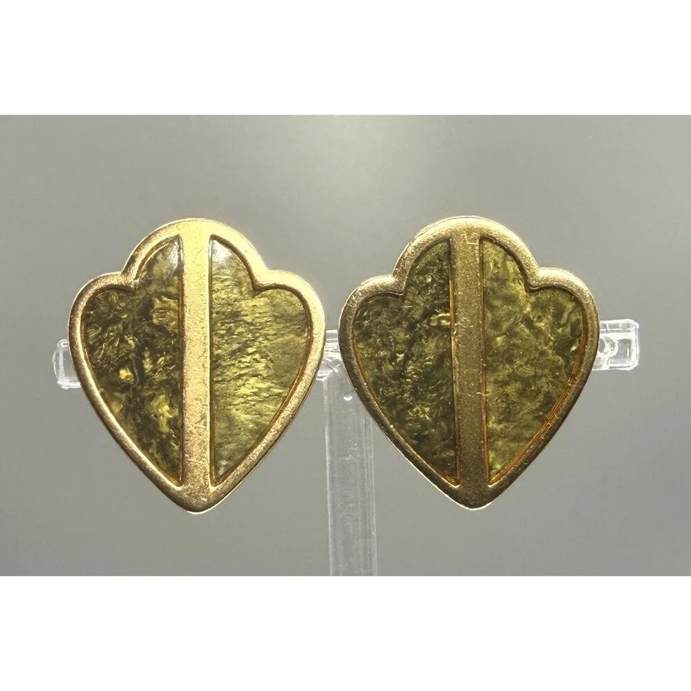 Monet Gold Tone Forest Green Marbled Inlay Geometric Clip-On Earrings Vintage